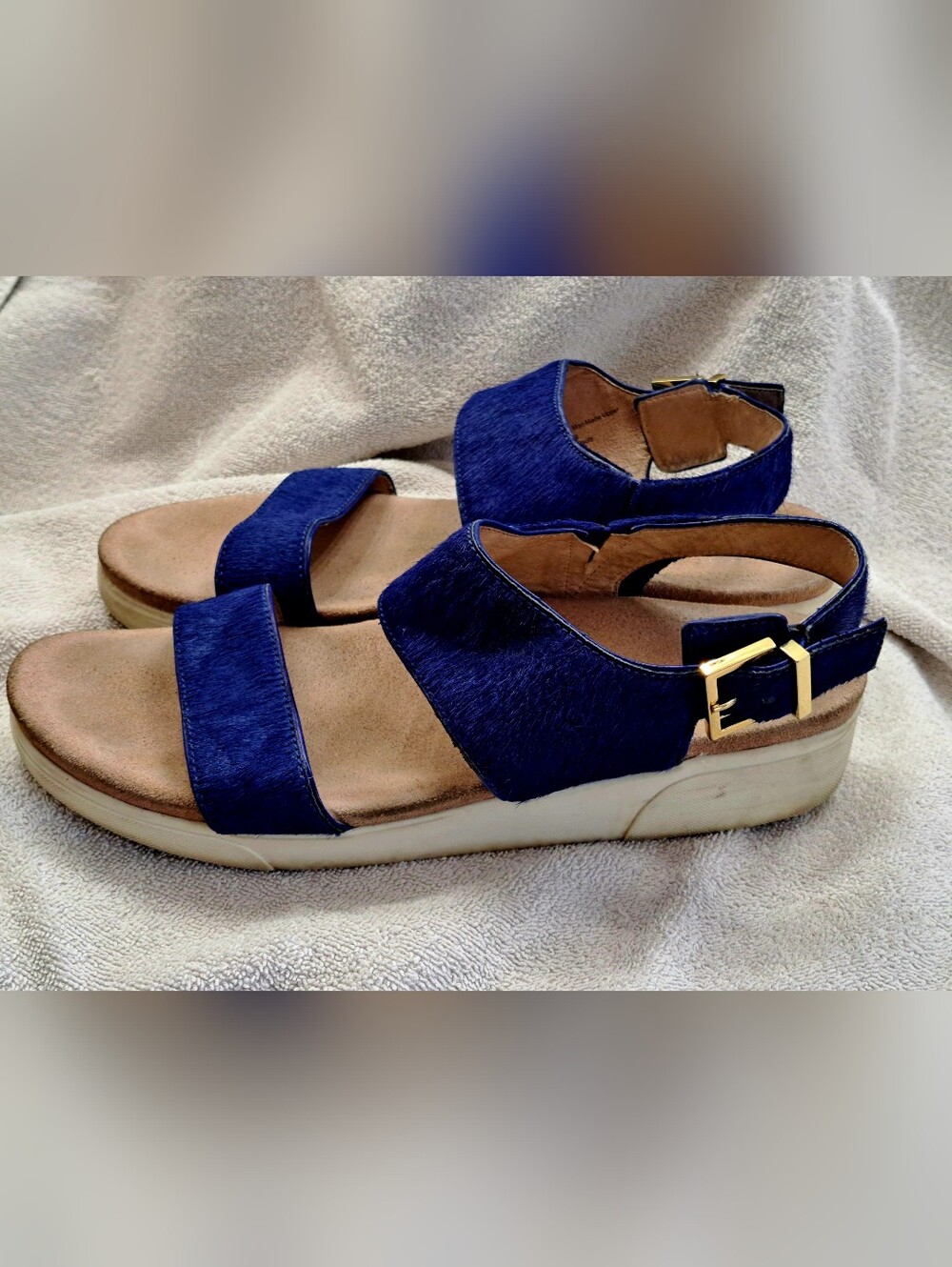 Kenneth Cole Navy Hair On Hide Leather Two-Strap Sandal with Gold Buckle